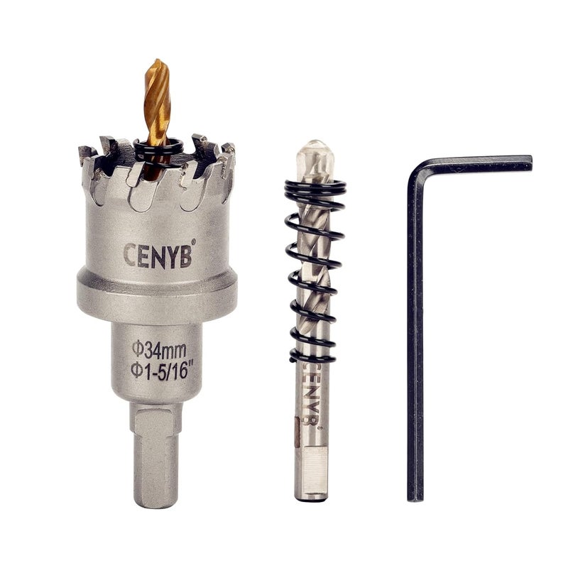 cenyb 1-5/16" (34mm) Tungsten Carbide Tipped Hole Saw with 2Pcs Titanium-Plated Pilot Drill Bits for Hard Metal,Stainless Steel,Iron,Aluminum Alloy,Wood and Plastic - Image 1